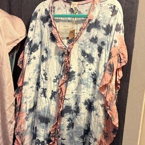 Surf Gypsy Blue and Pink Tie-Dye Ruffle Blouse